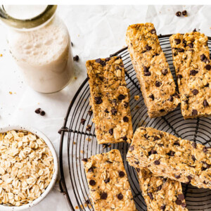 Close up of rectangular peanut butter protein bars.