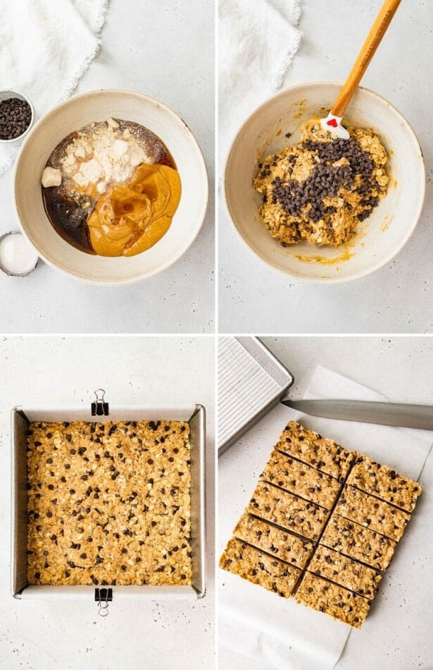 Collage of four photos showing the steps to make peanut butter protein bars: mixing mixture, adding to a pan and cutting into bars.