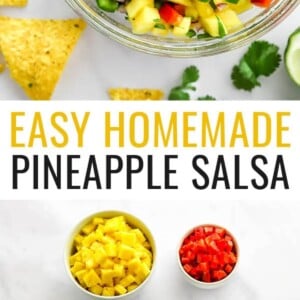 Pineapple salsa in a serving bowl with chips scattered around. Photo below is of the ingredients measured out to make the pineapple salsa.