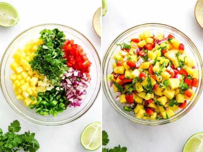 Side by side photos of ingredients in a bowl to make pineapple salsa, before and after being mixed.
