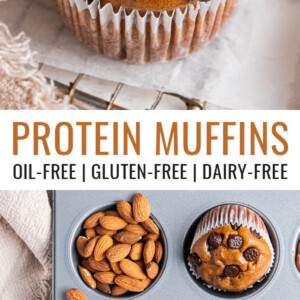 Chocolate chip protein muffins on a cooling rack and in a muffin tin.