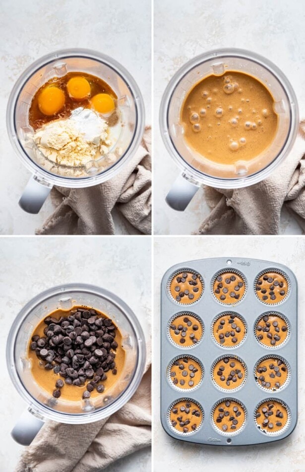 Collage of four photos showing how to make Protein Muffins: making the batter, adding chocolate chips and then pouring into a muffin tin.