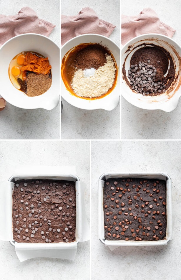 Collage of five photos showing making the batter for pumpkin brownies, and then baking them.