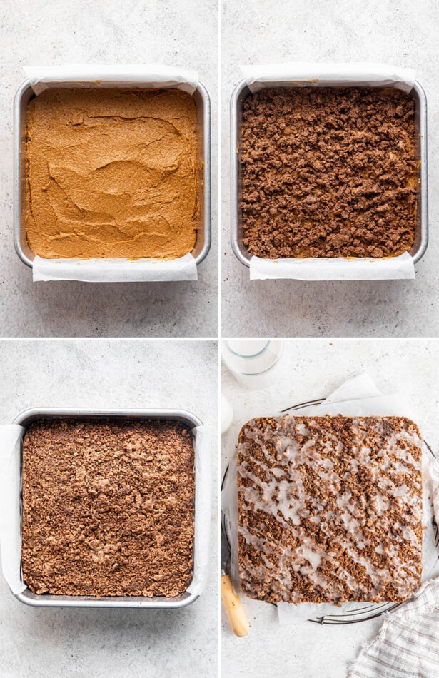 Collage of four photos showing a pumpkin coffee cake being made: topped with crumble, baked and drizzled with icing.