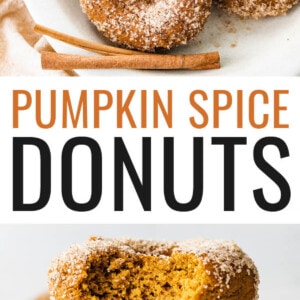 Several pumpkin spice donuts. One donut has a bite taken out of it.