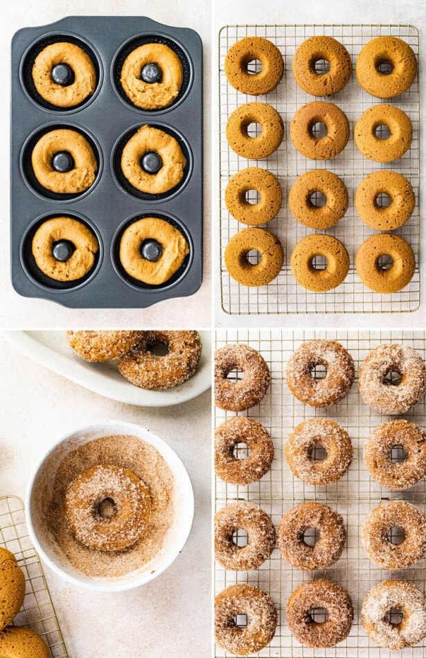 Collage of four photos showing the process to make pumpkin spice donuts, from baking the donuts to rolling them in cinnamon sugar.
