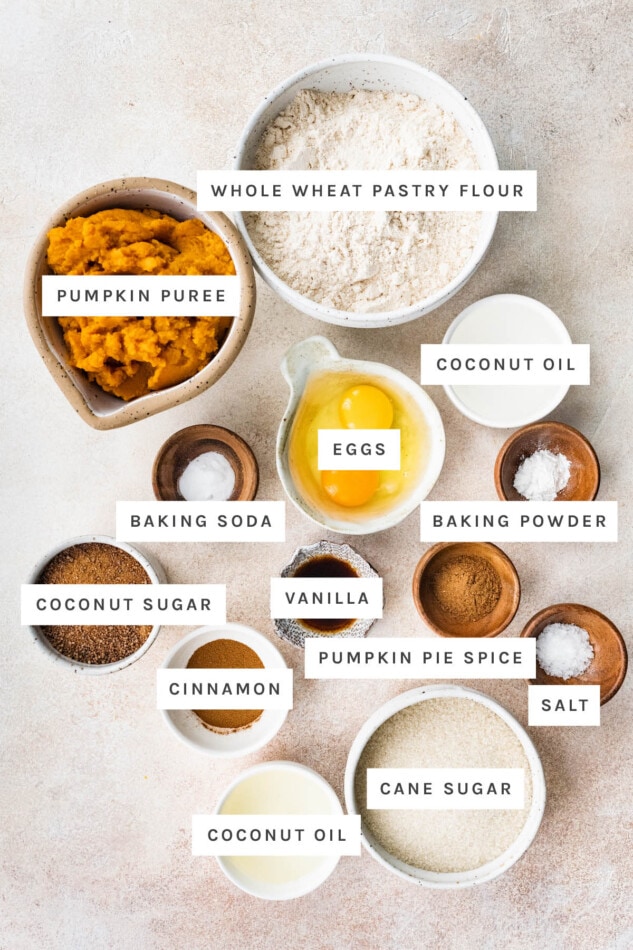 Ingredients measured out to make Pumpkin Spice Donuts: whole wheat pastry flour, pumpkin puree, coconut oil, eggs, baking soda, baking powder, vanilla, coconut sugar, pumpkin pie spice, cinnamon, salt and cane sugar.