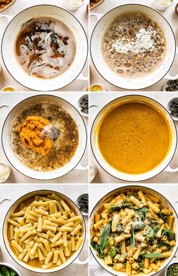 Collage of six photos showing how to make brown butter pumpkin pasta by browning the butter and sage, making the sauce and tossing with the pasta.