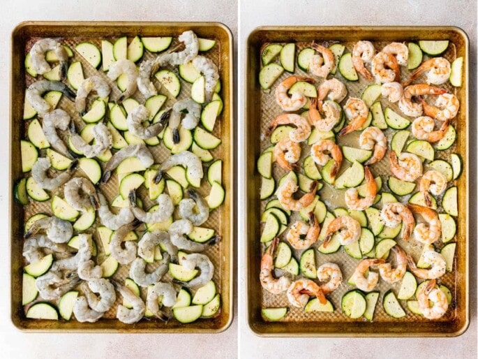Side by side photos of shrimp and zucchini on a sheet pan, before and after being roasted.