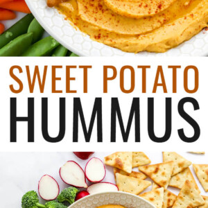 Close up of sweet potato hummus in a bowl. A pita chip rests in the hummus. Photo below is of a bowl of sweet potato hummus served with pita chips and veggies.