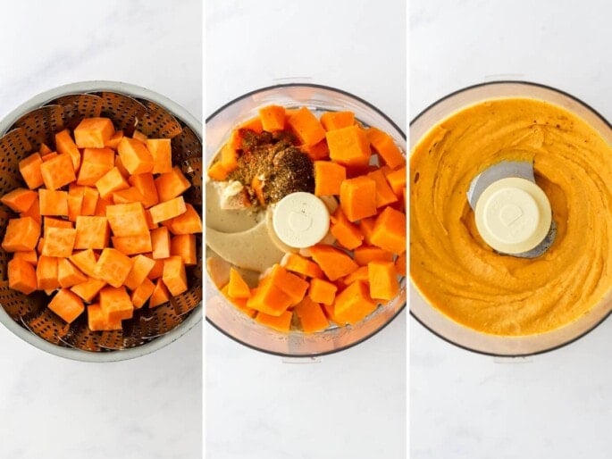 Three photos showing the process to make sweet potato hummus, steaming the sweet potato cubes, and then adding the ingredients to make the hummus in a food processor to be blended smooth.