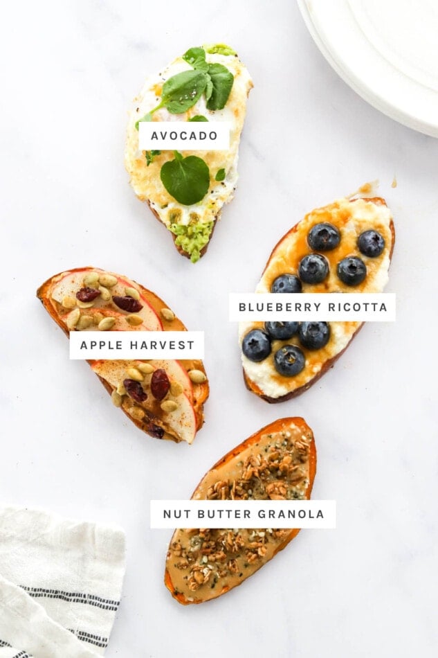 Four slices of sweet potato toast labeled with their different flavors: avocado, blueberry ricotta, apple harvest and nut butter granola.