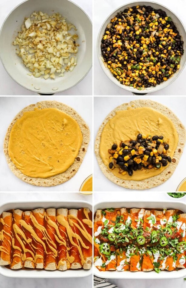 Collage of six photos showing the steps to make vegan enchiladas: sautéing onions, corn and black beans in a skillet, spreading vegan queso on wheat tortillas and then adding the bean mixture, pouring enchilada sauce and vegan queso on top of the enchiladas, and then adding toppings after baked.