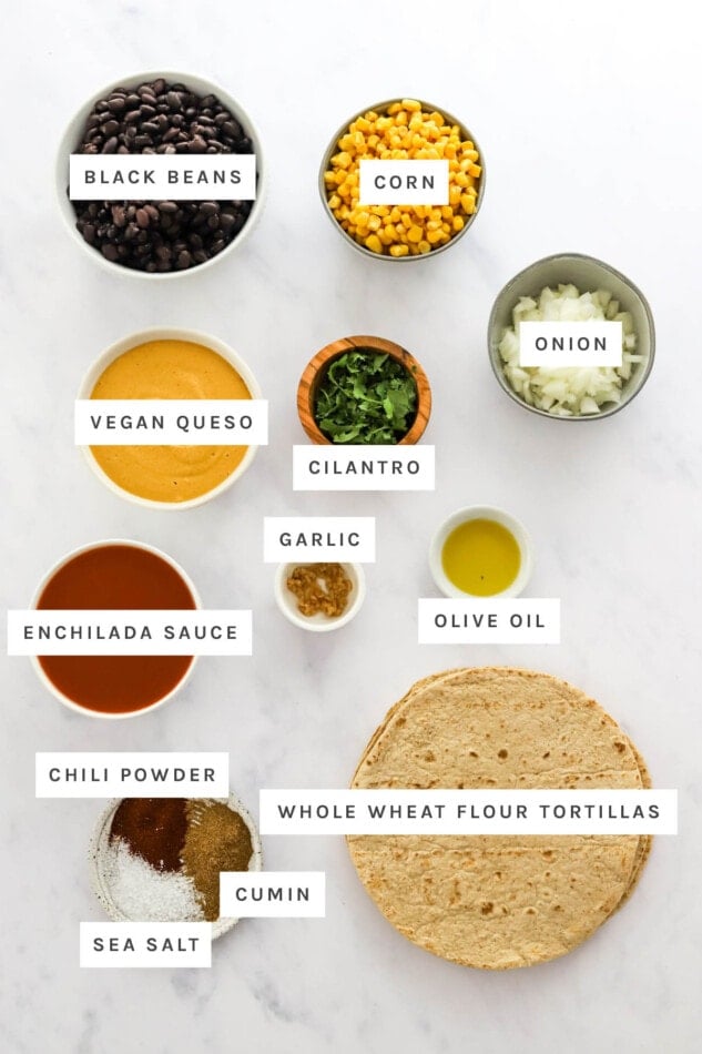 Ingredients measured out to make vegan enchiladas: black beans, corn, onion, vegan queso, cilantro, garlic, olive oil, enchilada sauce, chili powder, cumin, sea salt and whole wheat flour tortillas.