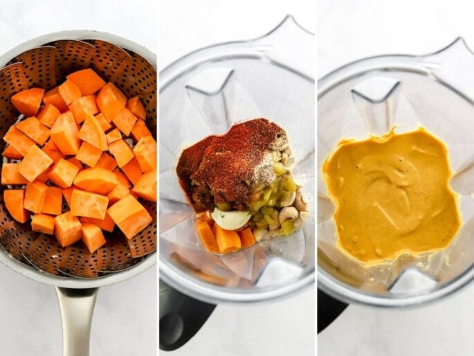 Three photos: sweet potato chunks in a steamer basket, ingredients to make a vegan queso, before and after being blended in a blender.