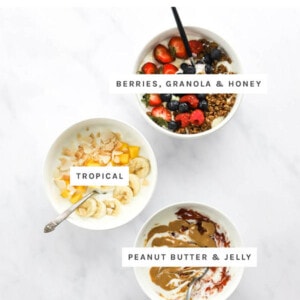 Four yogurt bowls, labeled with their flavors: berries, granola & honey, tropical, PB&J and chunky monkey.