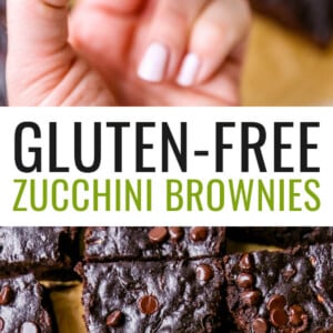 Hand holding a zucchini brownie with a bite taken from it. Photo below: Zucchini brownies on a sheet of parchment paper.