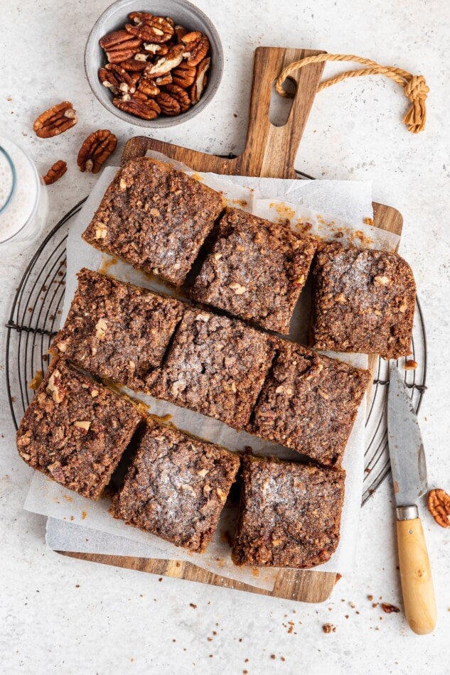 Overhead view of sliced apple cake squares.