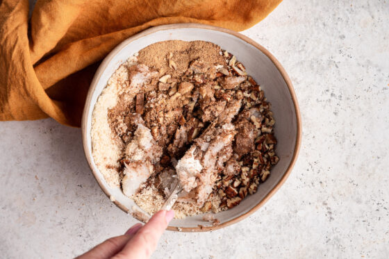 Topping ingredients mixed together in a bowl.