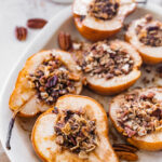 Baked pears on a serving platter.