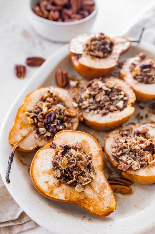 Baked pears on a serving platter.