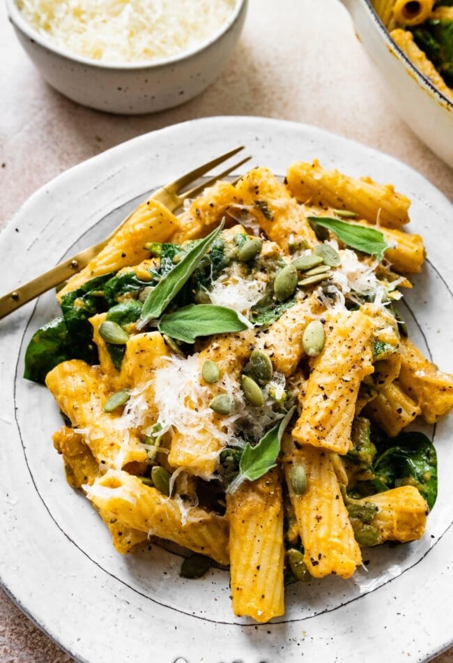 A bowl of creamy pumpkin pasta topped with pepitas and cheese.