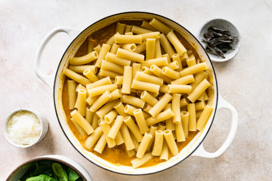 Noodles added to pumpkin pasta in a pot.