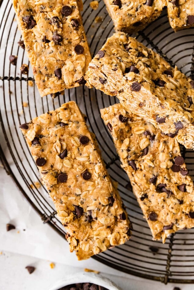 Close up of rectangular peanut butter protein bars.