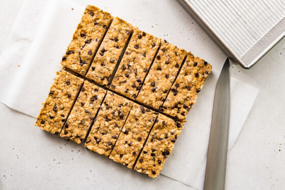 Peanut butter protein mixture cut into rectangles.