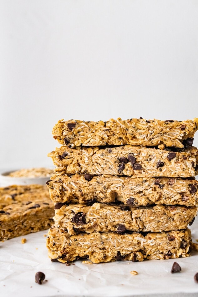 Peanut butter protein bars stacked on top of each other.