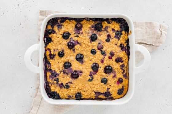 Baked protein oatmeal in a baking dish.