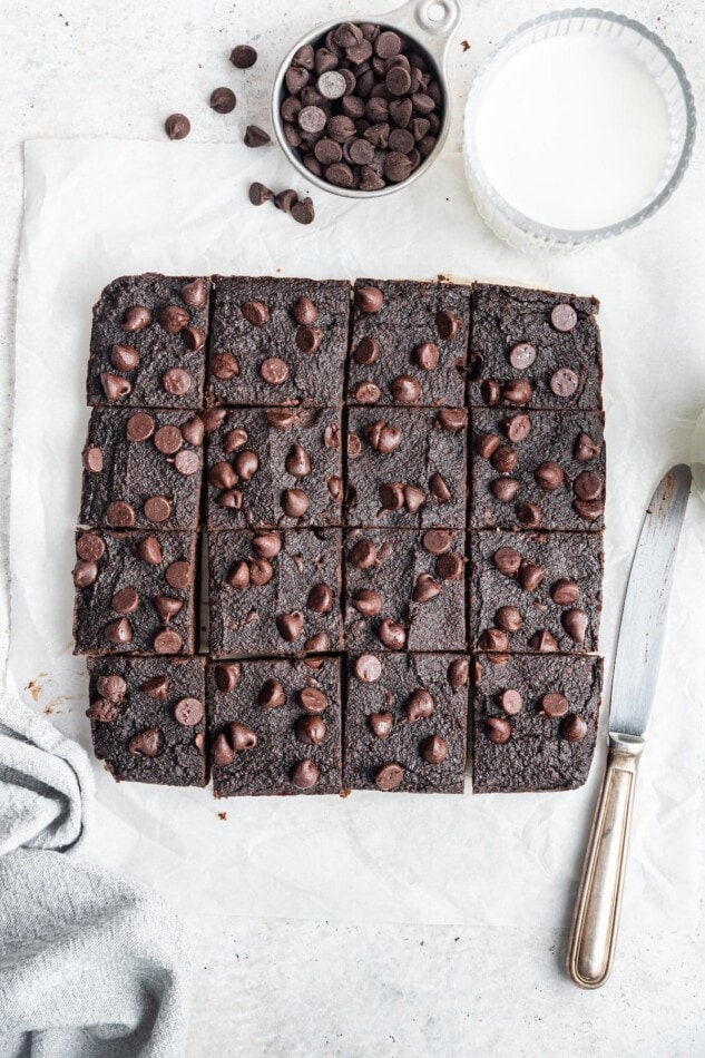 Overhead view of pumpkin brownies cut into squares.