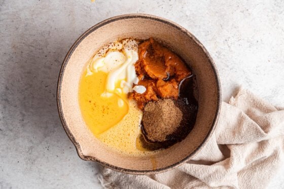 Wet ingredients in a bowl.