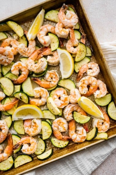 Shrimp scampi on a sheet pan.