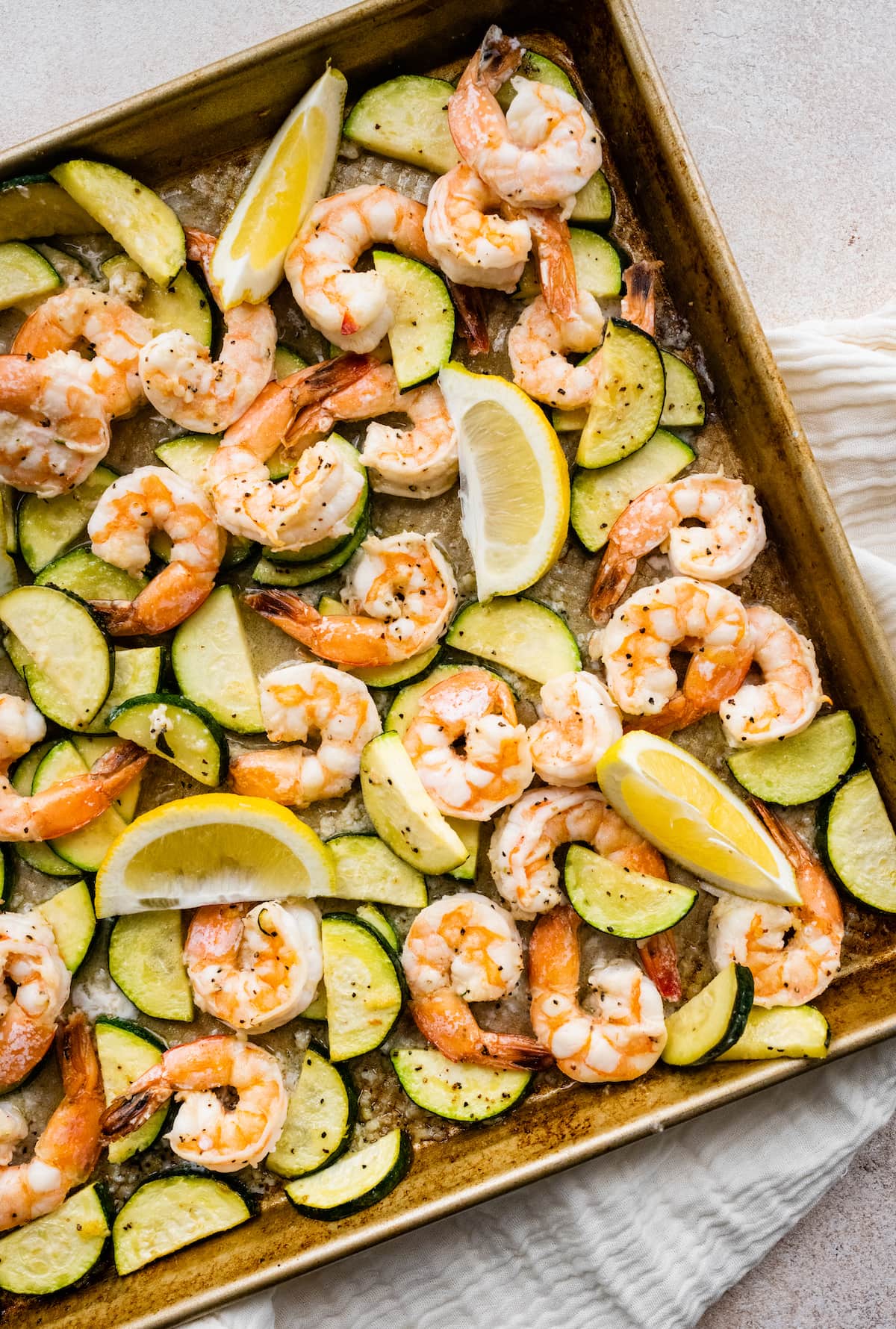 Shrimp scampi on a sheet pan.