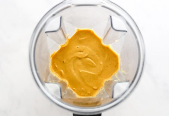 Vegan queso blended in a high powered blender.