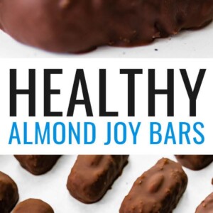 A halved almond joy bar stacked on top of a full bar. Photo below is of homemade almond joy bars on parchment paper.