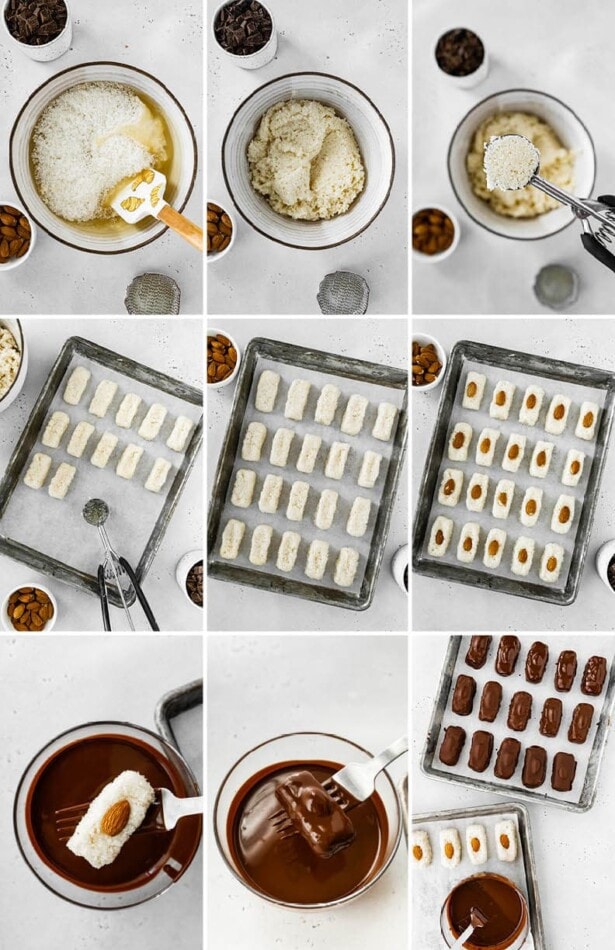 Collage of 9 photos showing the process to make Healthy Almond Joy Bars: making the coconut filling, adding an almond and then dipping in melted dark chocolate.