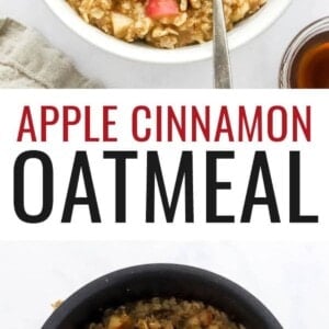 A bowl of apple cinnamon oatmeal topped with extra apple chunks and pecan pieces. Photo below is of the apple cinnamon oatmeal in a pot.