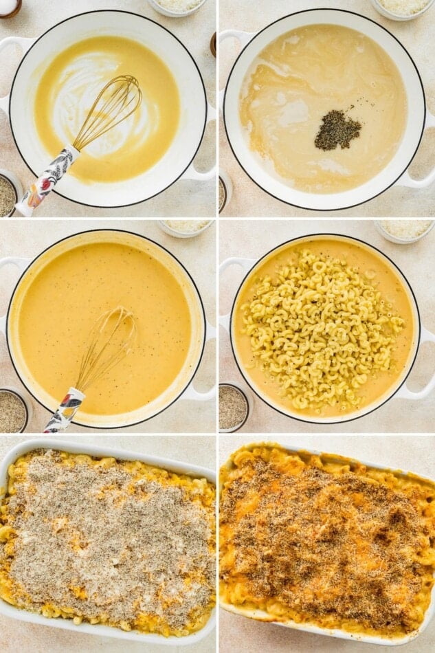 Collage of six photos showing the steps to make Healthy Baked Mac and Cheese: starting by making the cheese sauce, adding the elbow macaroni and then baking it with breadcrumbs on top.