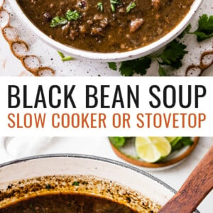 Bowl of black bean soup topped with cilantro, lime and avocado. Photo below is of a ladle scooping some soup from a pot.