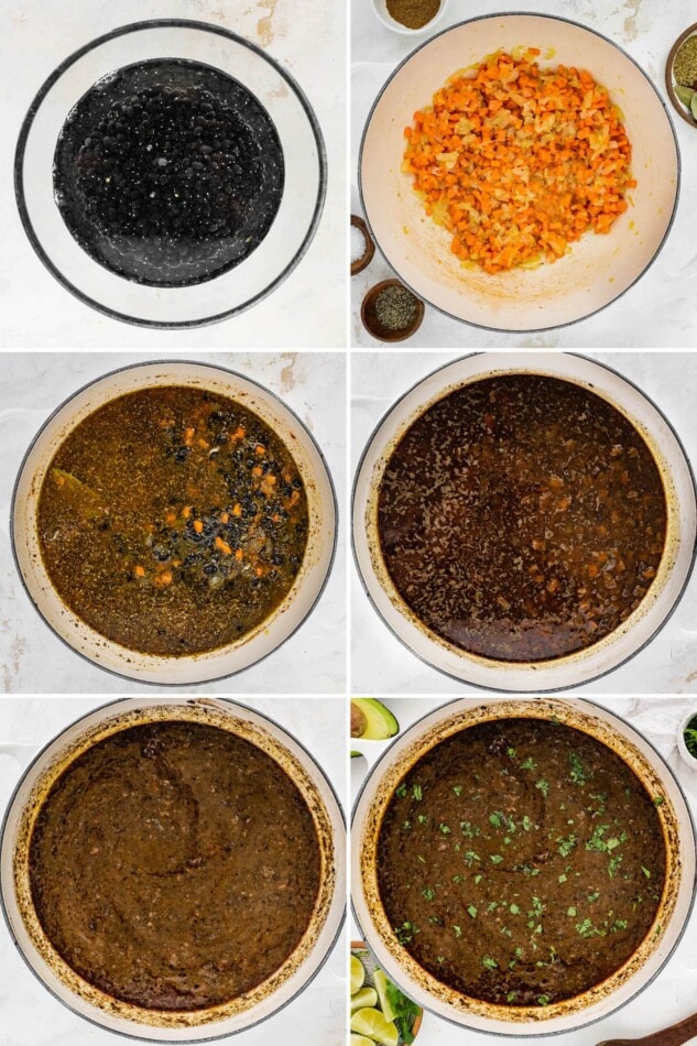 Collage of six photos showing the process to make homemade black bean soup.