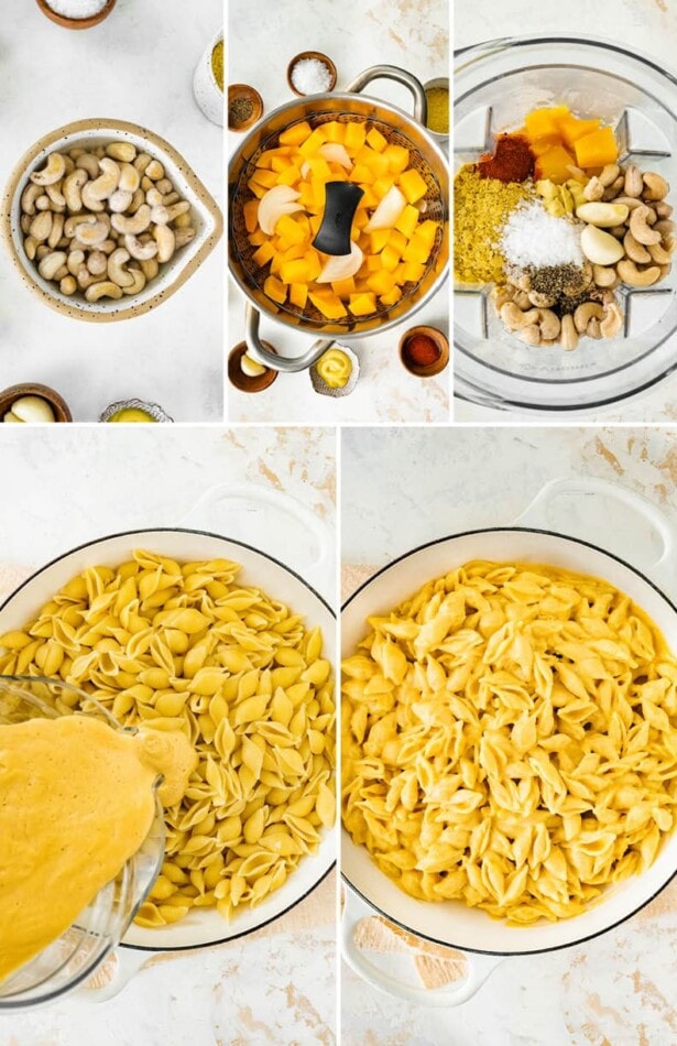 Five photos showing the steps how to make Butternut Squash Mac and Cheese: soaking the cashews and cooking the butternut squash and onions, then blending everything together with spices to make a creamy sauce. Sauce is poured over shell pasta and mixed together.