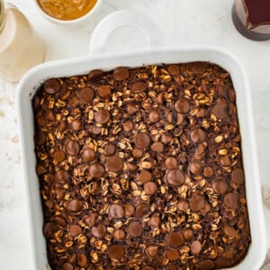 A baking dish containing cauliflower brownie baked oatmeal.