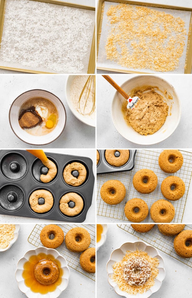 Collage of 8 photos showing the steps to make coconut crunch donuts.