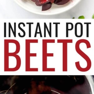 A bowl containing cooked, chopped beets. Photo below is the cooked whole beets in an Instant Pot.