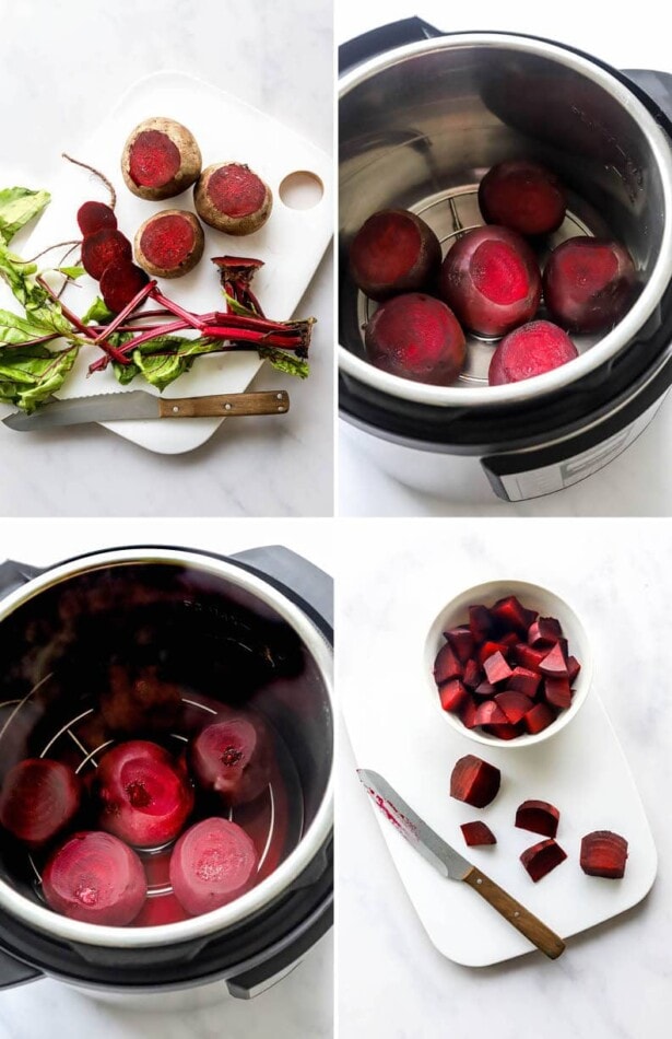 Collage of four photos showing how to make Instant Pot Beets: trimming and peeling the beets, cooking them in an Instant Pot with water and then slicing the beets.