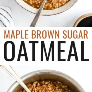 Bowl of maple brown sugar oatmeal topped with pecans. Spoon is in the bowl. Photo below is of a pot of the maple brown sugar oatmeal.