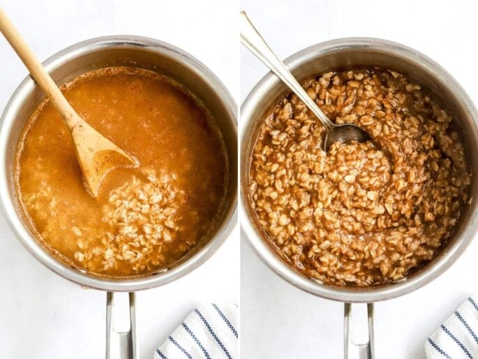 Side by side photos of a pot with the maple brown sugar oatmeal before and after being cooked.