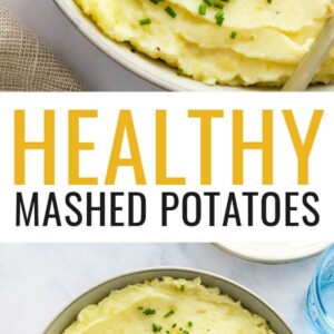 Healthy mashed potatoes in a bowl topped with chives.